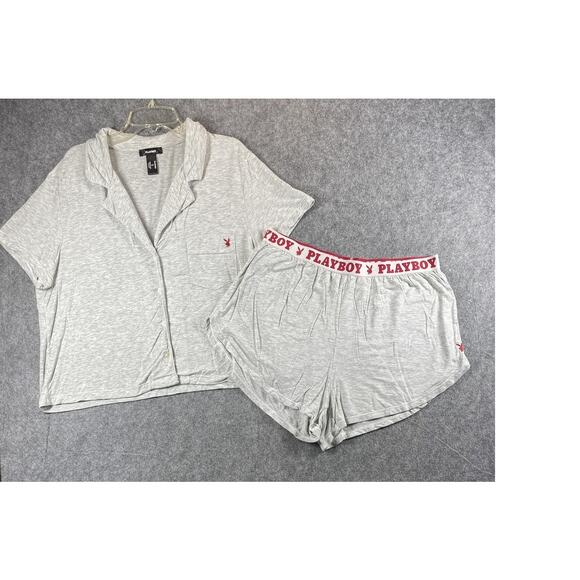 Playboy Pajama Set Womens Medium Gray Button Front Top Shorts Sleepwear Lounge - Picture 1 of 14